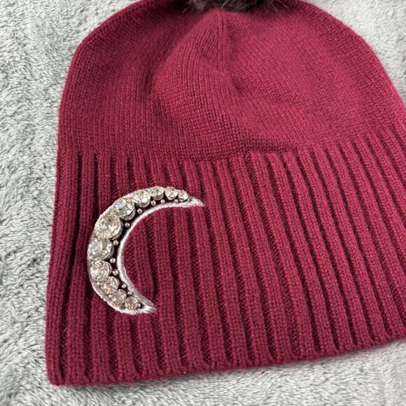 Henri Bendel Hat Beanie Womens One Size Burgundy Black Pom Pom Cashmere Gemstone - Picture 3 of 9